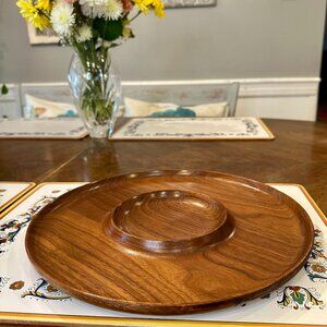vintage MCM round, wooden serving tray with a central dip bowl area
